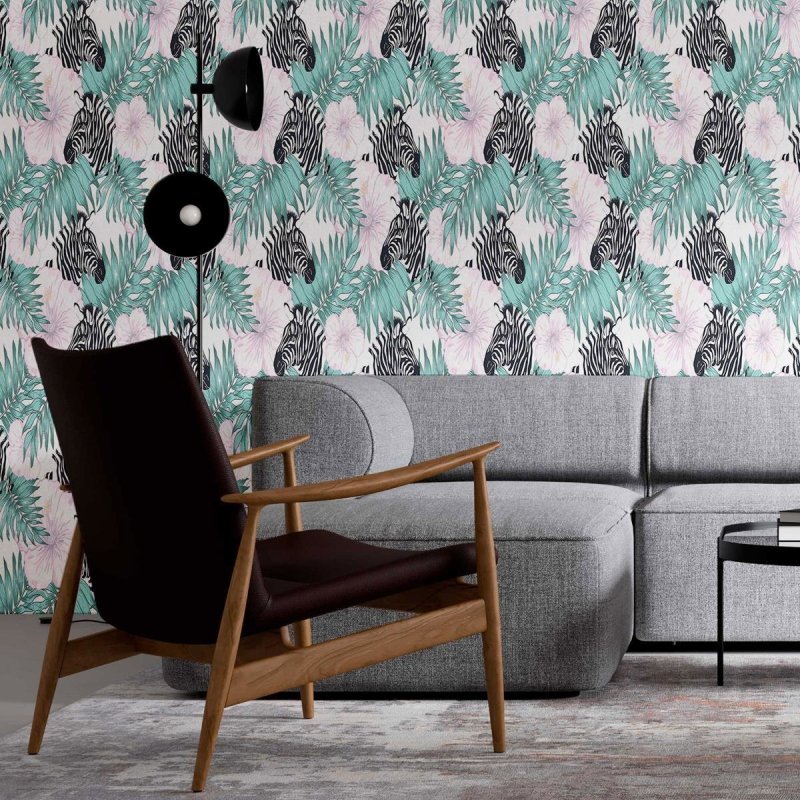 Papel de Parede Adesivo Zebras Folhas e Papoulas N09008 - Papel na Parede