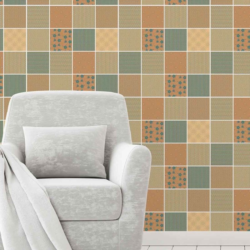 Papel de Parede Autocolante Azulejo Laranja e Verde 203526112 - Papel na Parede