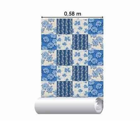 Papel de Parede Azulejo Floral Azul 129541532 - Papel na Parede