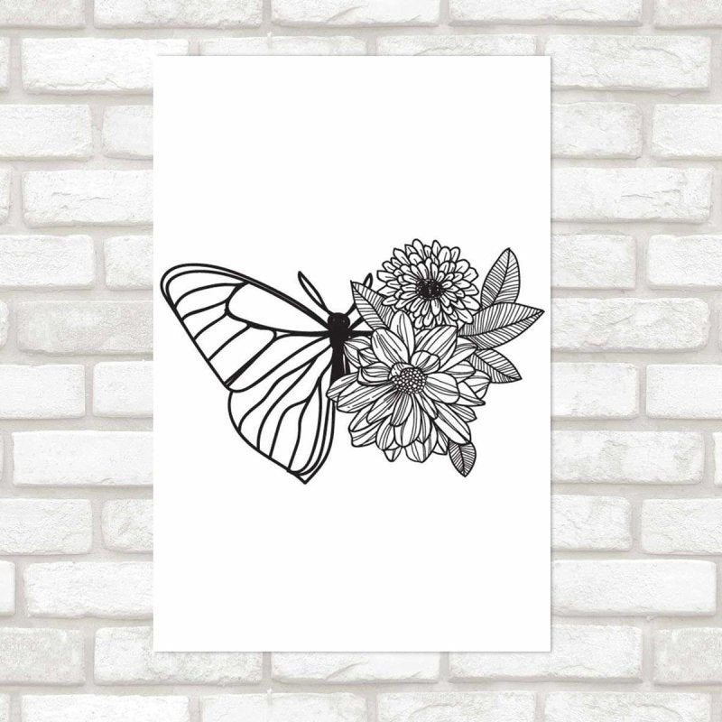 Poster Decorativo Borboleta E Flores Monocromático N09234 - Papel na Parede