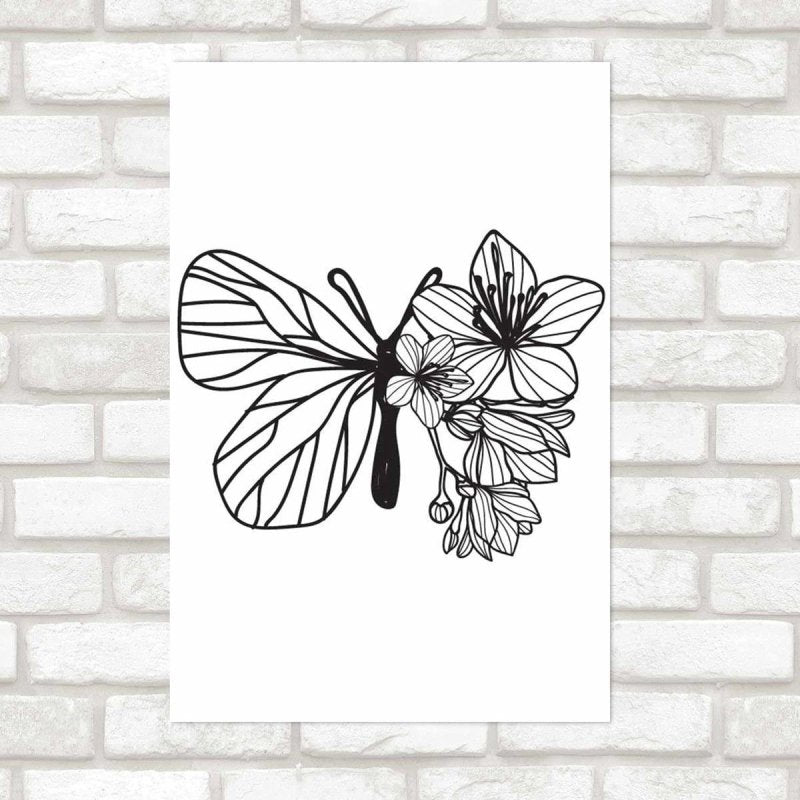 Poster Decorativo Borboleta E Flores Preto E Branco N09235 - Papel na Parede
