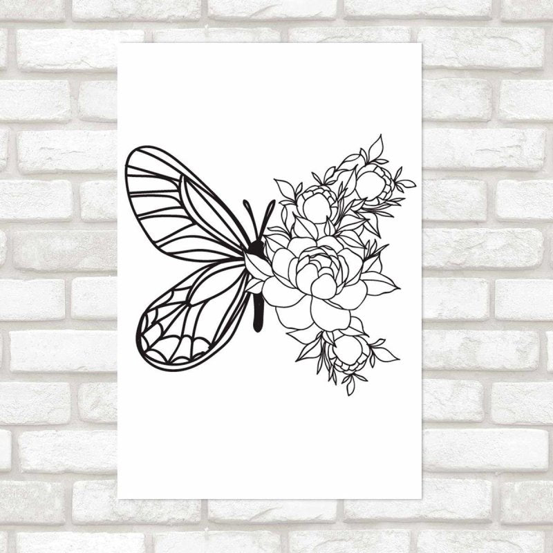 Poster Decorativo Borboleta E Rosas Preto E Branco N09237 - Papel na Parede