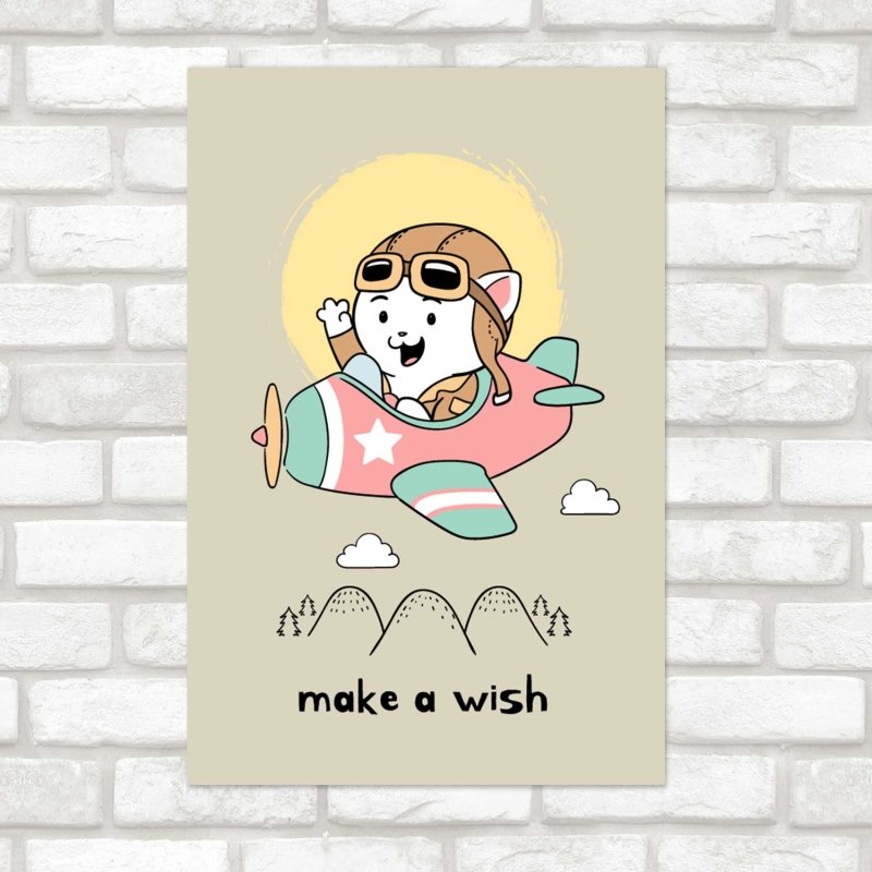 Poster Decorativo Gato Aviador Make a Wish N08282 - Papel na Parede
