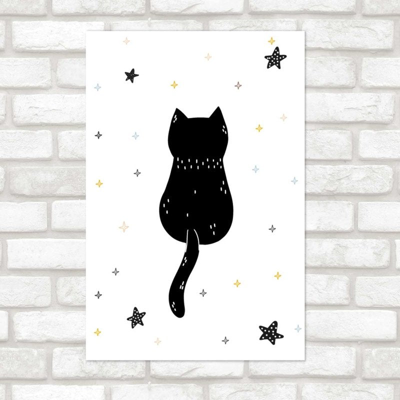 Poster Decorativo Gato Preto com Estrelas N08122 - Papel na Parede