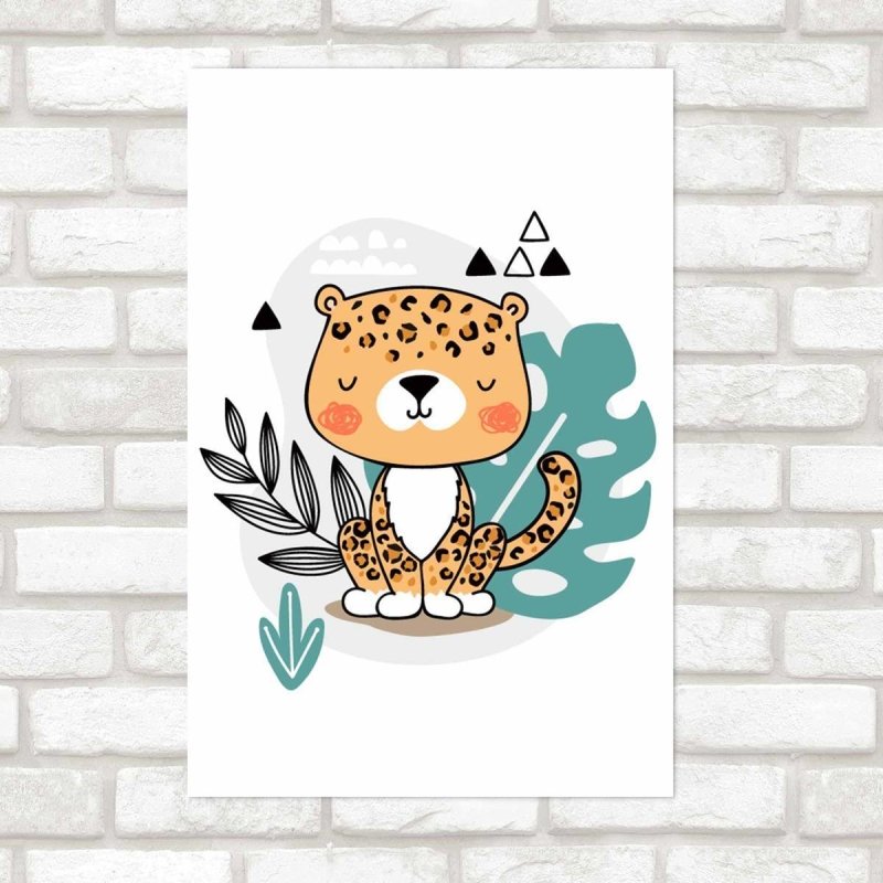 Poster Decorativo Leopardo Fofo E Folhas N09251 - Papel na Parede