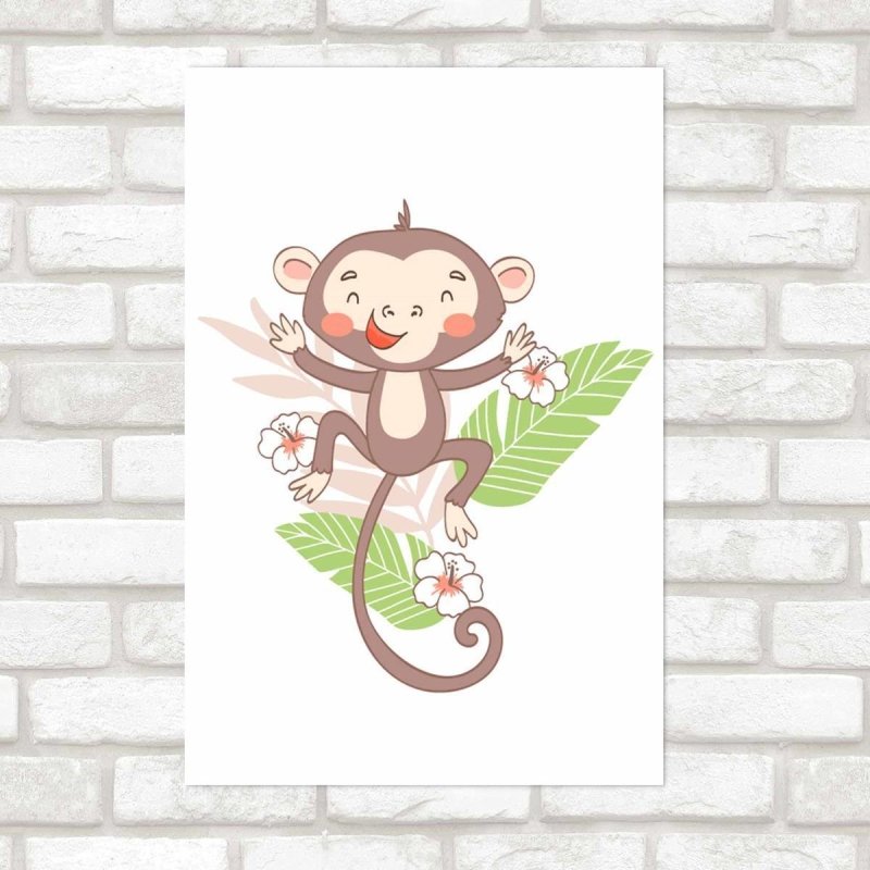 Poster Decorativo Macaco Pulando Flores E Folhas N09250 - Papel na Parede