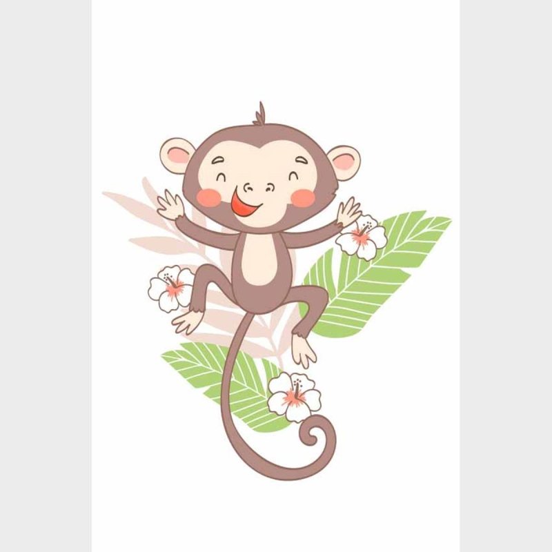Poster Decorativo Macaco Pulando Flores E Folhas N09250 - Papel na Parede