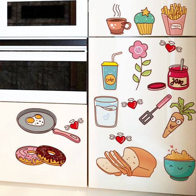 Desenhos animados Lovley Foods cozinha adesivos de parede arte PVC DIY vinil adesivos de parede moda comida deliciosa decoração para casa à prova d'água removível