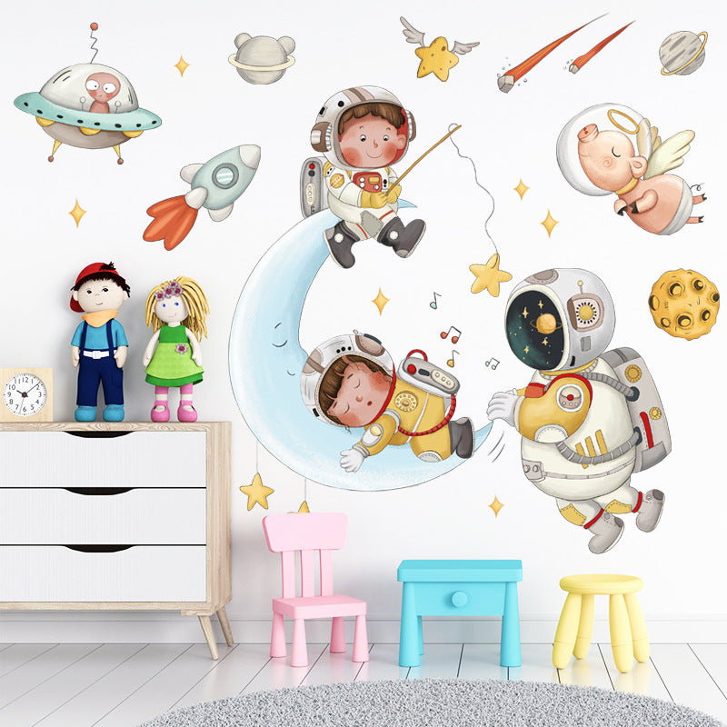 Adesivos de parede de astronauta do espaço sideral lua BRUP para quarto de crianças adesivos de parede de quarto de bebê adesivos de pvc para sala de estar quarto