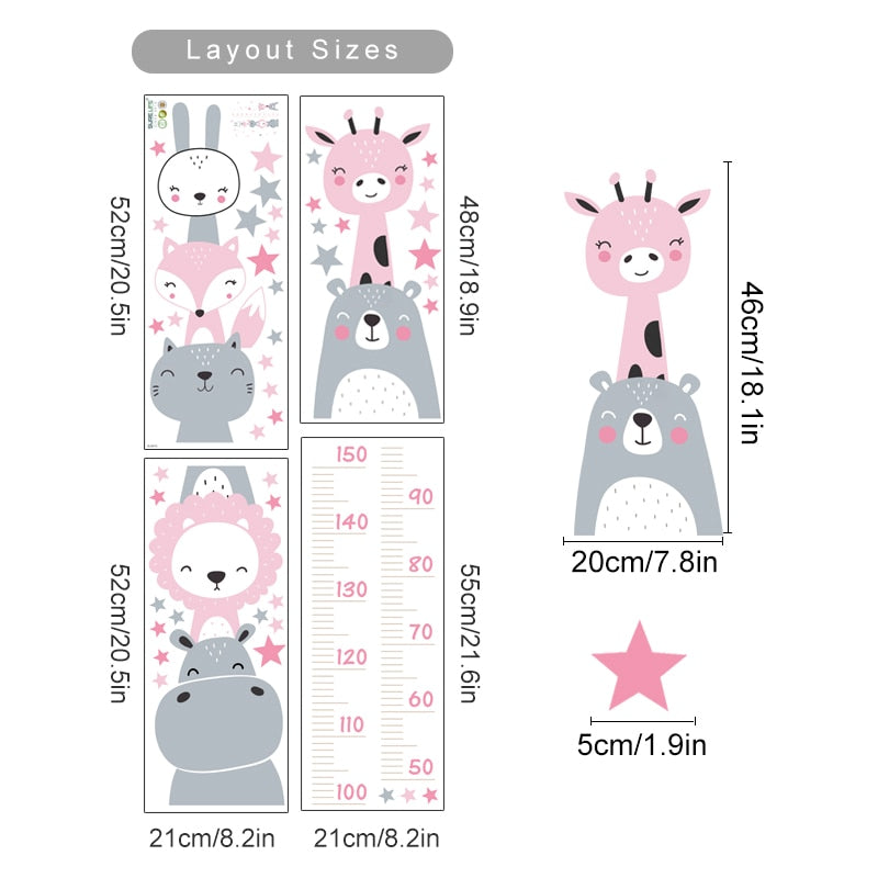 Desenhos animados do bebê medição da altura leão animais adesivos de parede estrelas vinil crianças berçário arte decalques para quarto de crianças decoração de casa