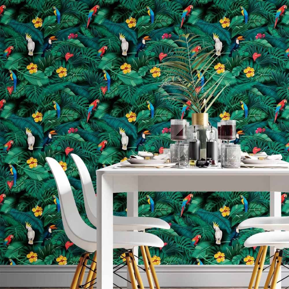 Papel de Parede Adesivo Folhas Tropicais Araras N014191