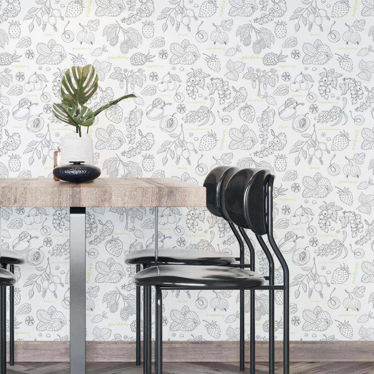 Papel de Parede Adesivo Frutas Preto e Branco N04279