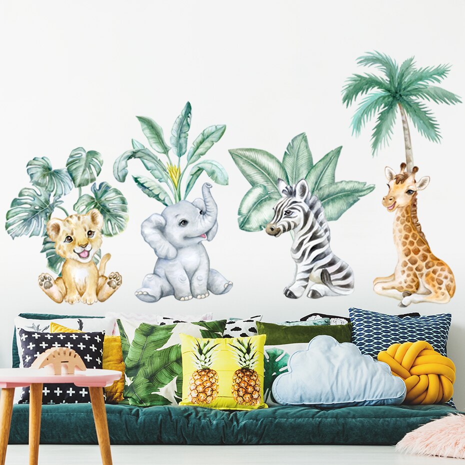Adesivo de parede aquarela de desenho animado bonito elefante girafa zebra animal selva aquarela vinil bebê berçário arte decalques para quarto de crianças decoração de casa