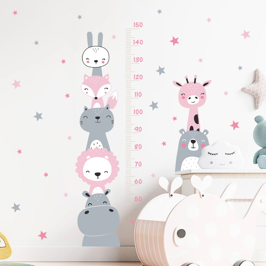 Desenhos animados do bebê medição da altura leão animais adesivos de parede estrelas vinil crianças berçário arte decalques para quarto de crianças decoração de casa