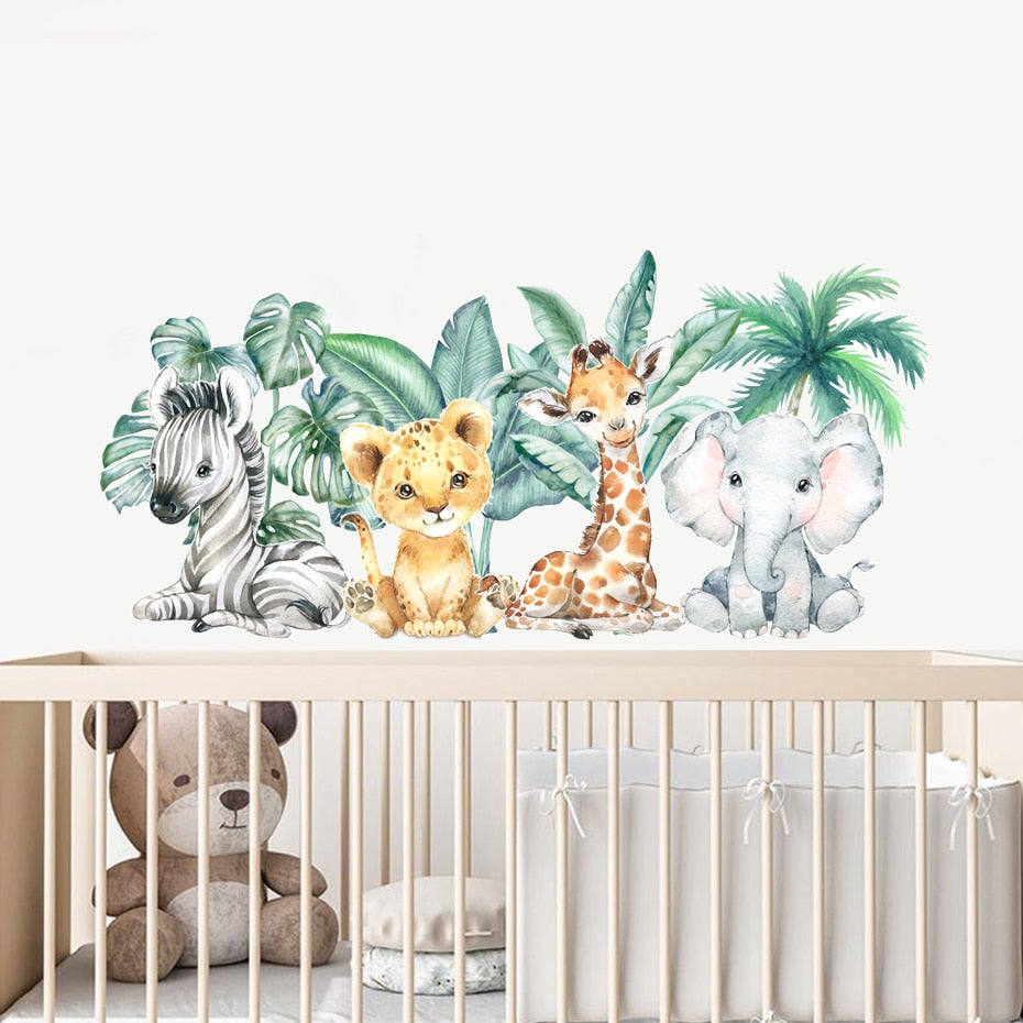 Adesivo de parede aquarela de desenho animado bonito elefante girafa zebra animal selva aquarela vinil bebê berçário arte decalques para quarto de crianças decoração de casa