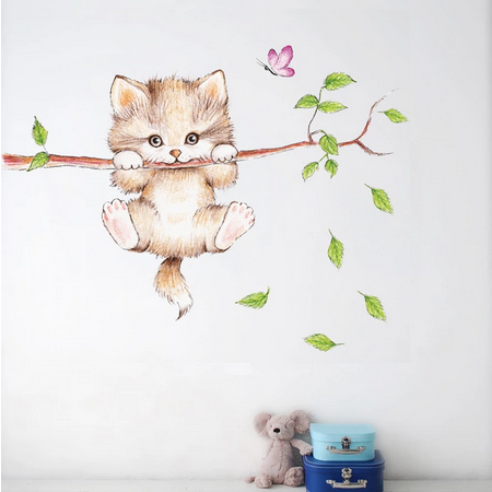 Adorável gato pendurado ramos adesivos de parede borboleta para quarto de crianças quarto de crianças animais fofos adesivos de parede decoração de berçário mural