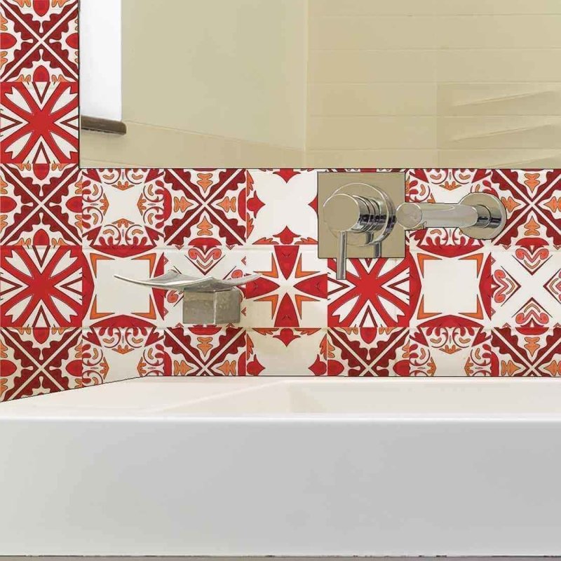 ADESIVO AZULEJO ORNAMENTAL VERMELHO E BRANCO 28801709 - Papel na Parede