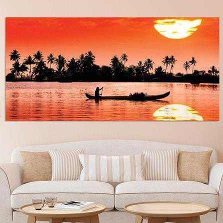 Painel Fotográfico Silhueta Barco e Pescador no Por do Sol - Papel na Parede