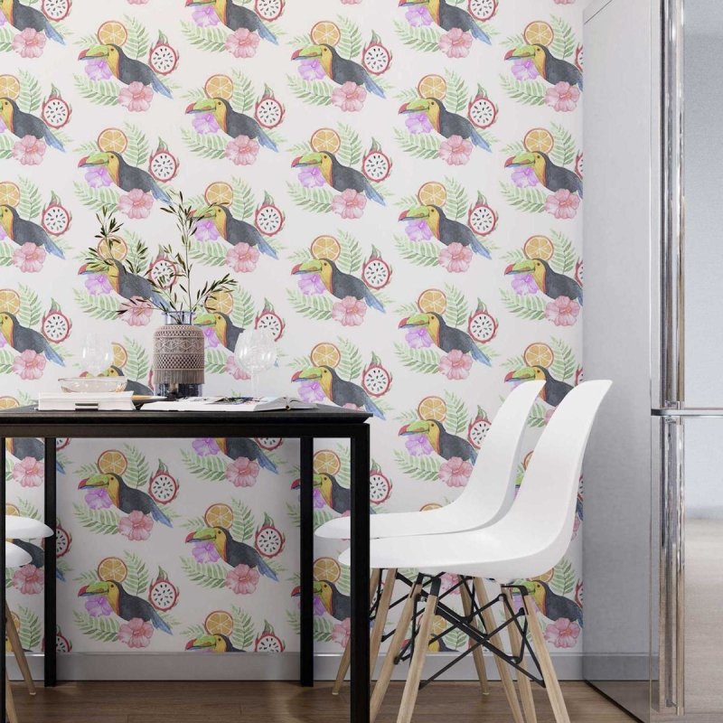 Papel de Parede Adesivo Aquarela Tucano Frutas e Flores N07072 - Papel na Parede