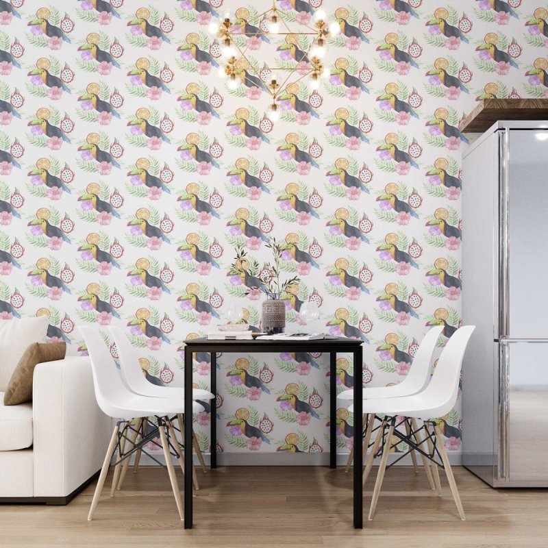 Papel de Parede Adesivo Aquarela Tucano Frutas e Flores N07072 - Papel na Parede