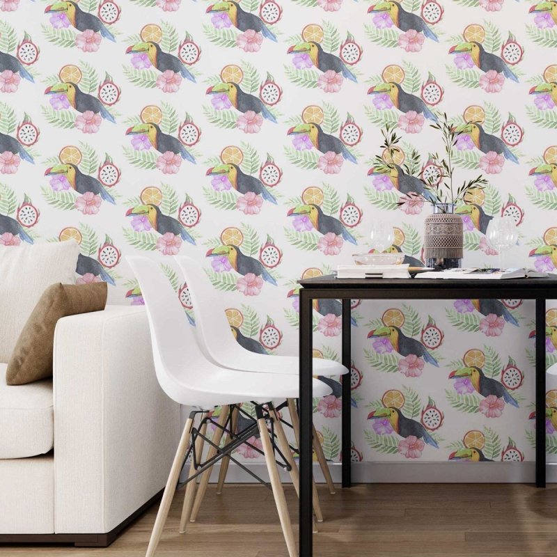 Papel de Parede Adesivo Aquarela Tucano Frutas e Flores N07072 - Papel na Parede