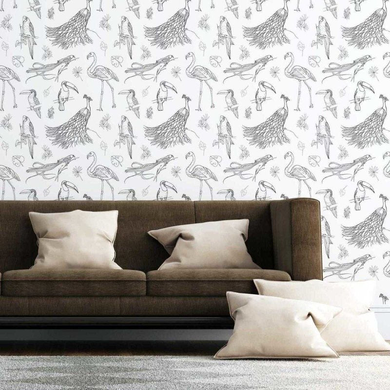 Papel de Parede Adesivo Aves Tropicais em Preto e Branco N07054 - Papel na Parede