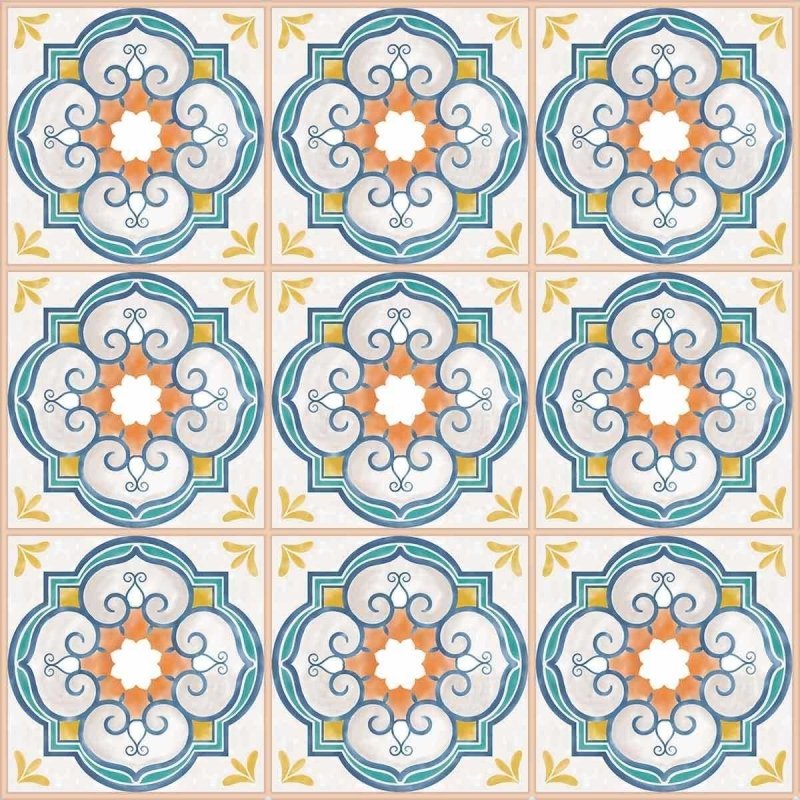 Papel de Parede Adesivo Azulejo Retrô Laranja e Azul N07002 - Papel na Parede