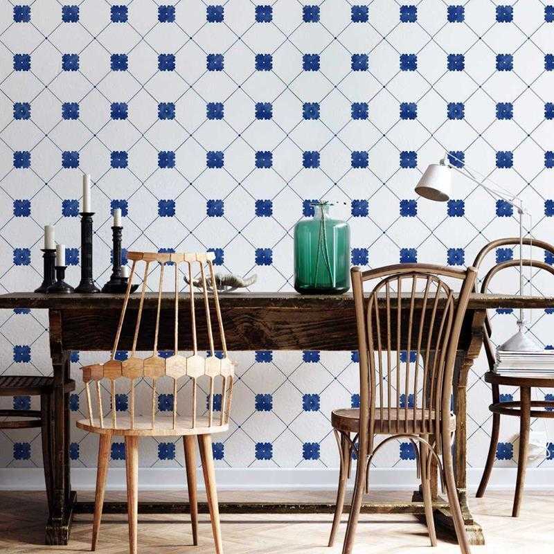 Papel de Parede Adesivo Azulejo Vintage Branco e Azul N05217 - Papel na Parede