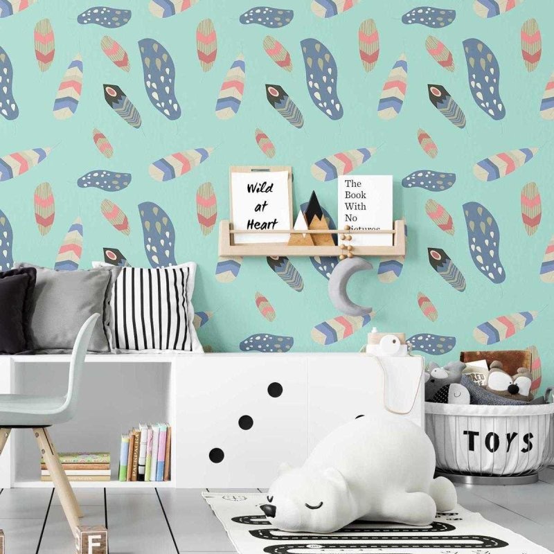 Papel de Parede Adesivo Boho Penas Coloridas Fundo Azul N07026 - Papel na Parede