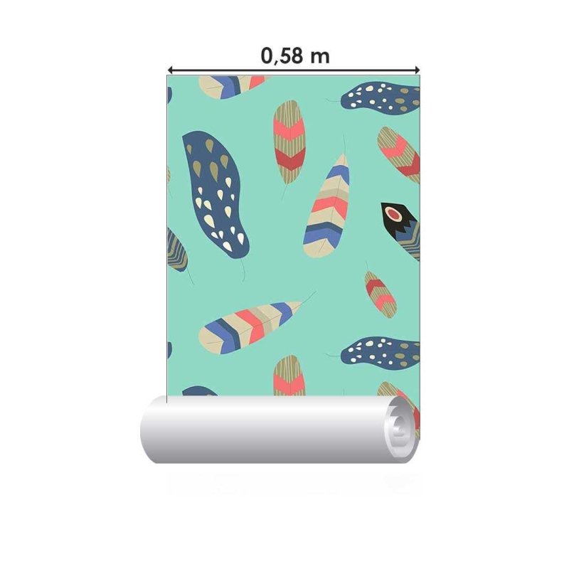 Papel de Parede Adesivo Boho Penas Coloridas Fundo Azul N07026 - Papel na Parede