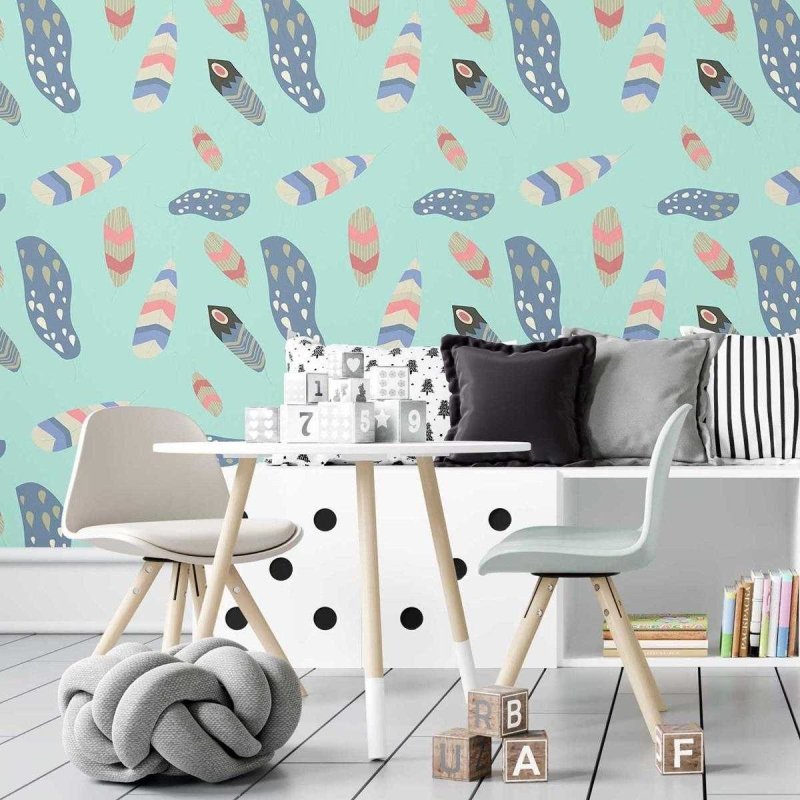 Papel de Parede Adesivo Boho Penas Coloridas Fundo Azul N07026 - Papel na Parede