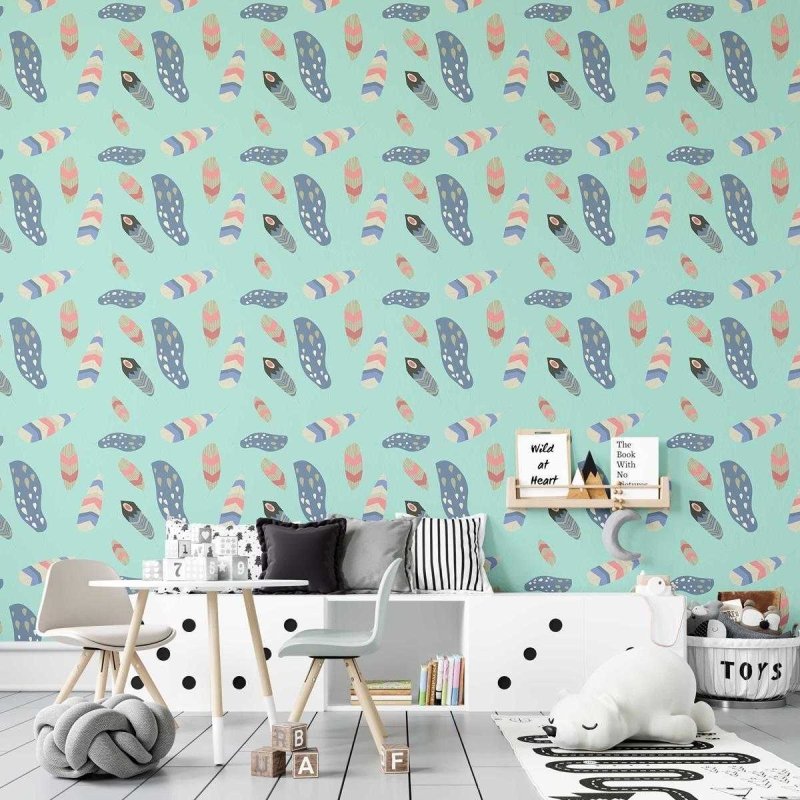 Papel de Parede Adesivo Boho Penas Coloridas Fundo Azul N07026 - Papel na Parede