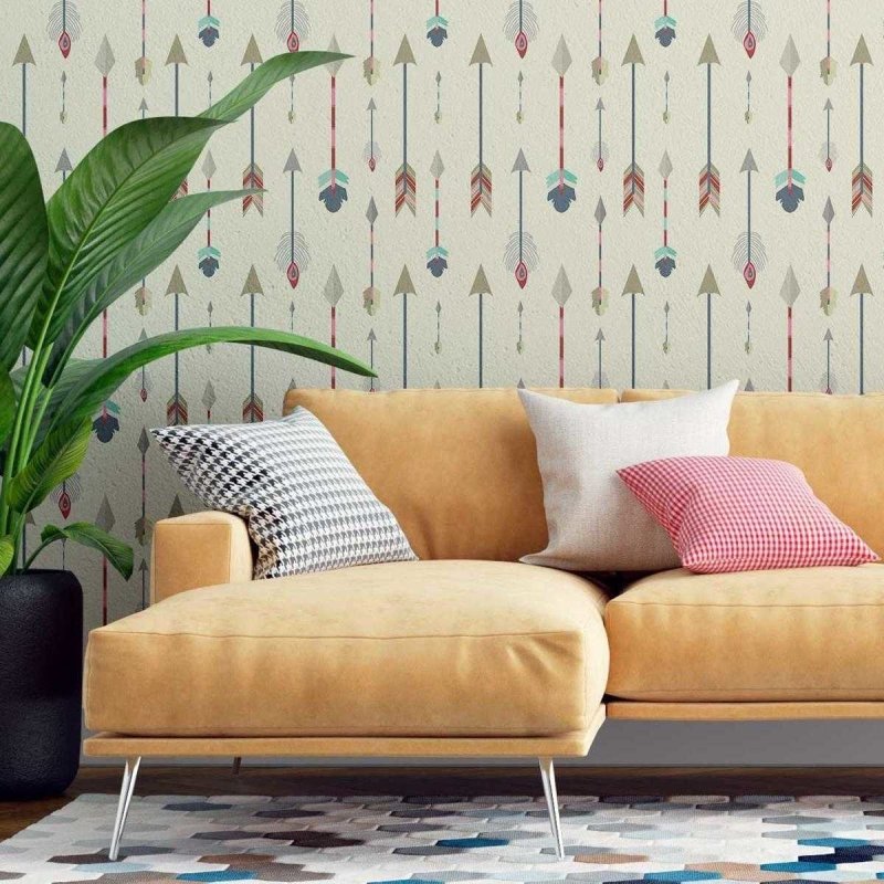 Papel de Parede Adesivo Boho Penas Coloridas Fundo Bege N07027 - Papel na Parede