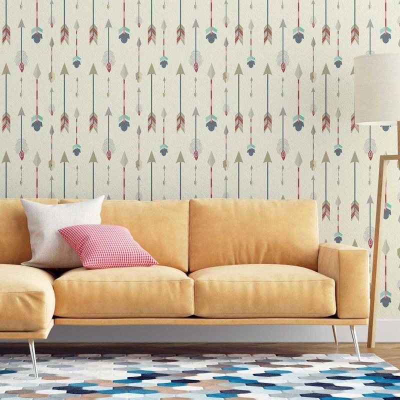 Papel de Parede Adesivo Boho Penas Coloridas Fundo Bege N07027 - Papel na Parede