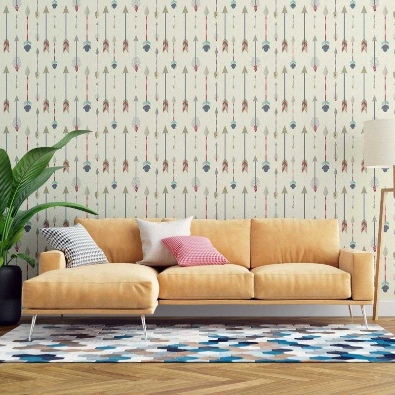 Papel de Parede Adesivo Boho Penas Coloridas Fundo Bege N07027 - Papel na Parede