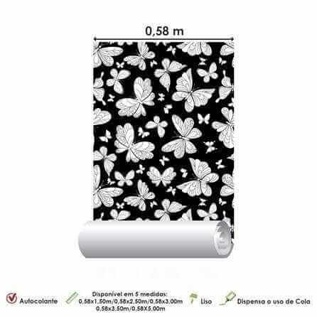 Papel de Parede Adesivo Borboleta Branco e Preto 193608005 - Papel na Parede