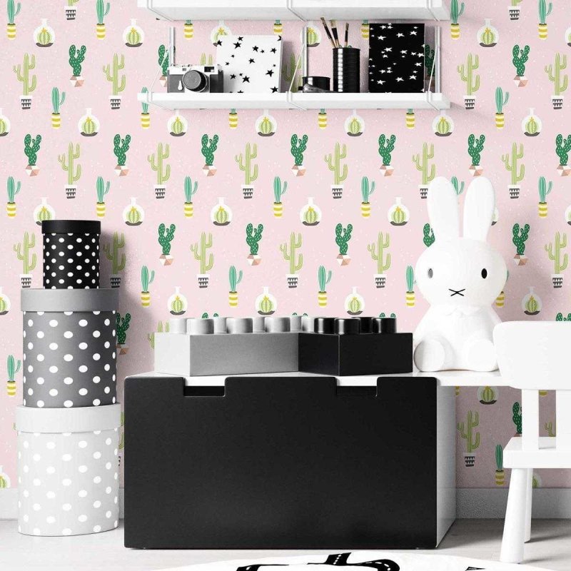 Papel de Parede Adesivo Cactos Minimalistas Rosa N07099 - Papel na Parede