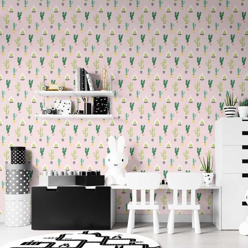 Papel de Parede Adesivo Cactos Minimalistas Rosa N07099 - Papel na Parede