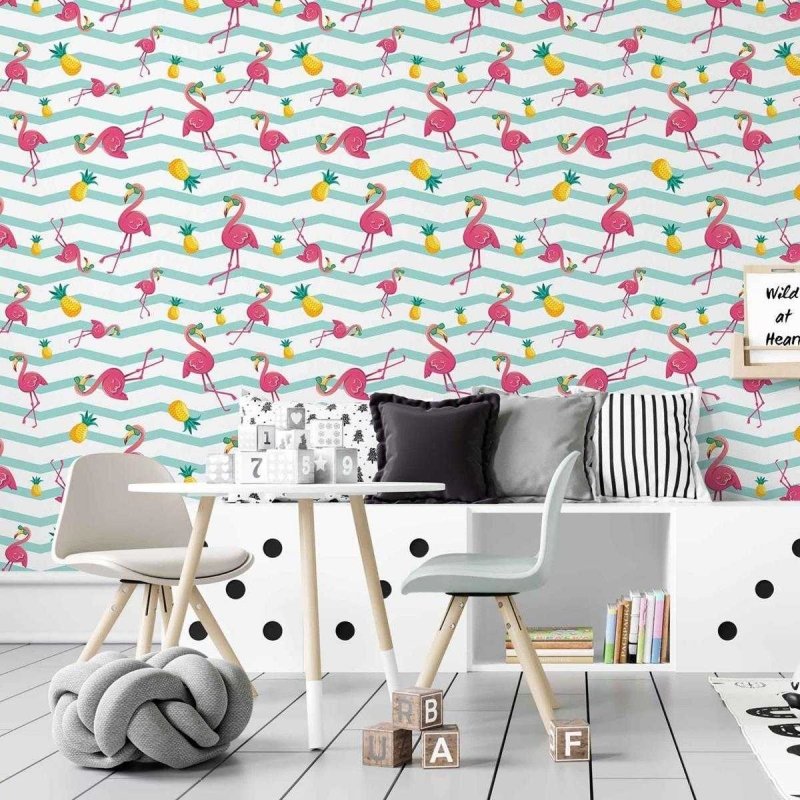 Papel de Parede Adesivo Chevron com Flamingo Abacaxi N03006 - Papel na Parede