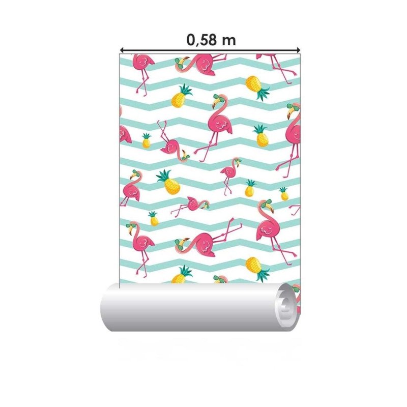 Papel de Parede Adesivo Chevron com Flamingo Abacaxi N03006 - Papel na Parede