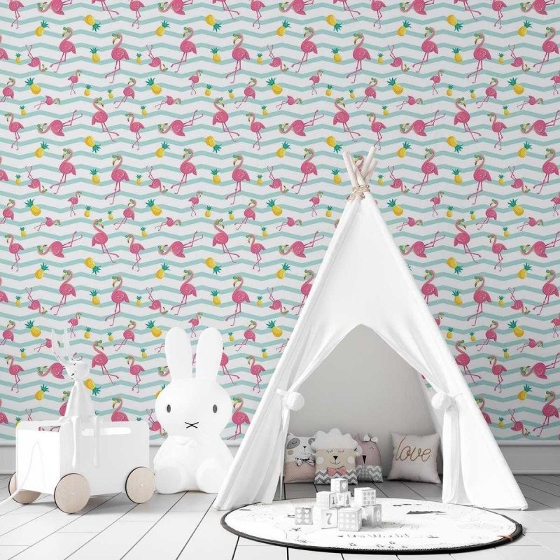 Papel de Parede Adesivo Chevron com Flamingo Abacaxi N03006 - Papel na Parede