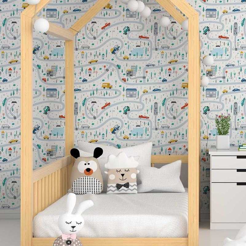 Papel de Parede Adesivo Cidade com Carros Colorida N05003 - Papel na Parede