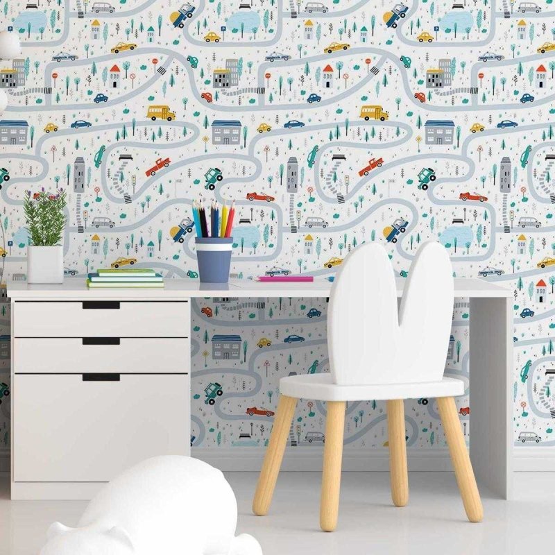 Papel de Parede Adesivo Cidade com Carros Colorida N05003 - Papel na Parede