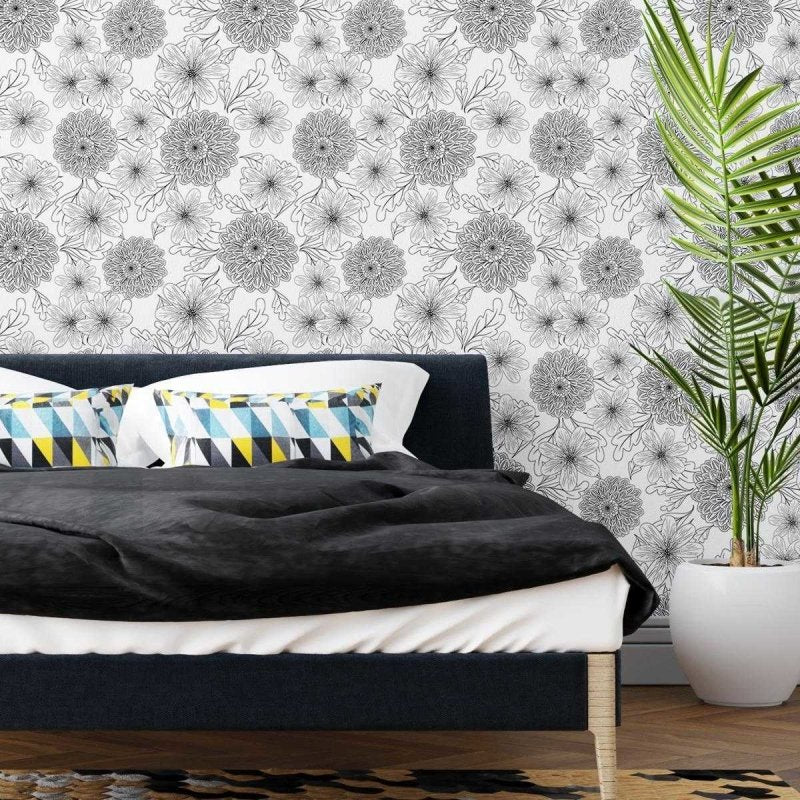 Papel de Parede Adesivo Crisântemos Preto e Branco N04164 - Papel na Parede