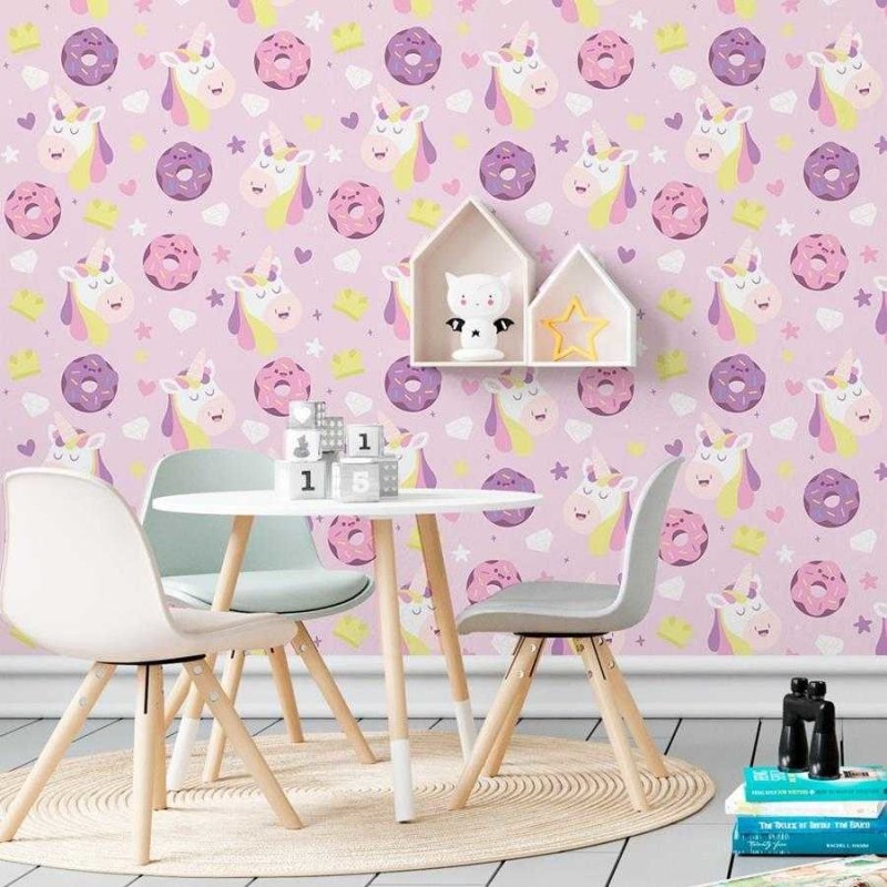 Papel de Parede Adesivo Donuts e Unicórnios Rosa N06173 - Papel na Parede