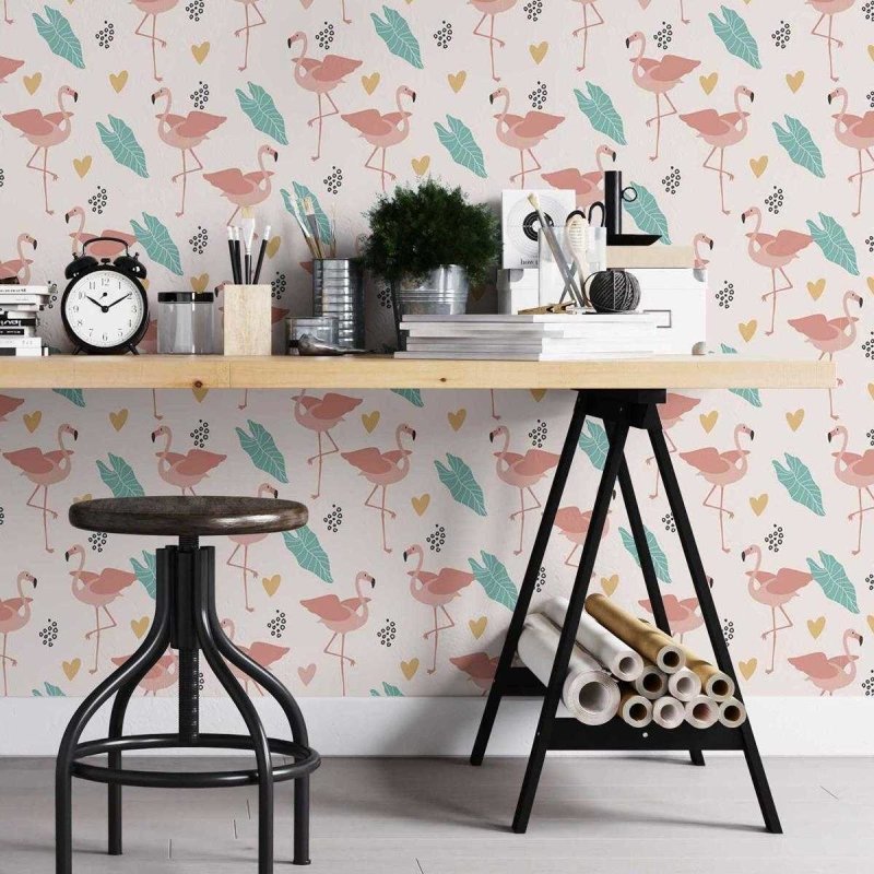 Papel de Parede Adesivo Flamingo Folhas Corações N05193 - Papel na Parede