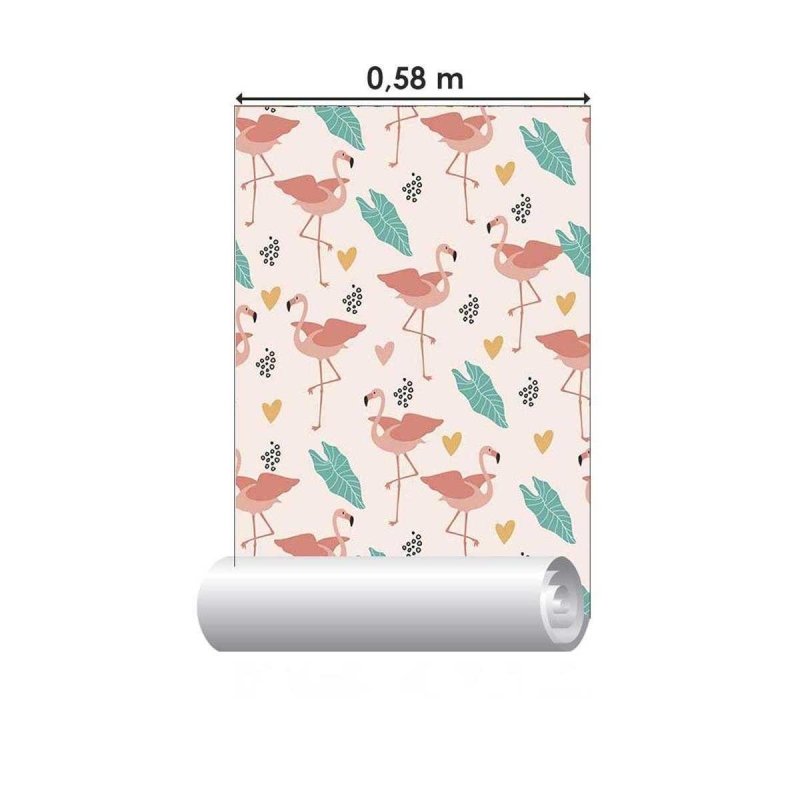 Papel de Parede Adesivo Flamingo Folhas Corações N05193 - Papel na Parede