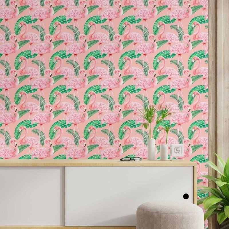 Papel de Parede Adesivo flamingos e folhas N014052 - Papel na Parede