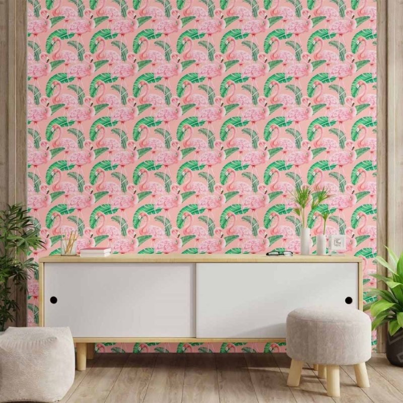 Papel de Parede Adesivo flamingos e folhas N014052 - Papel na Parede