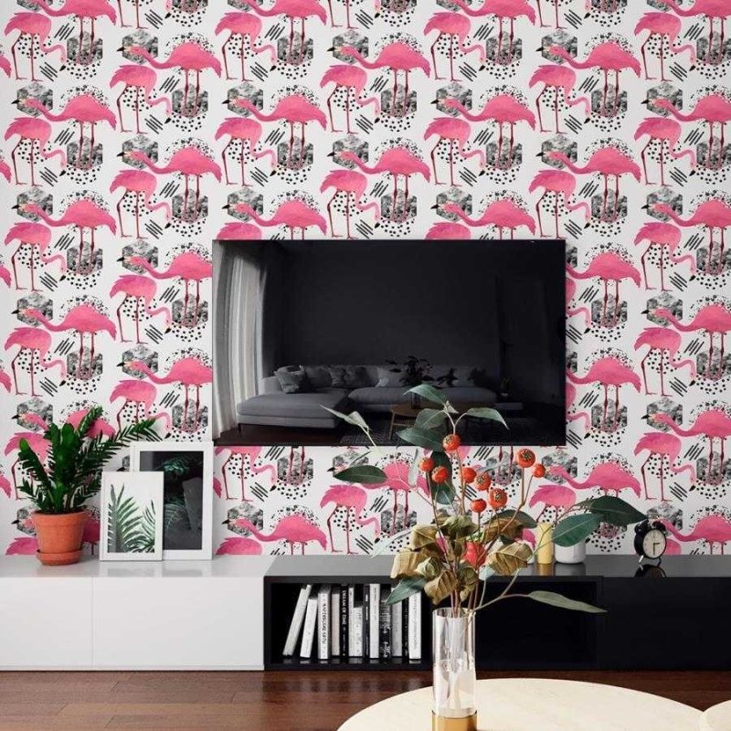 Papel de Parede Adesivo Flamingos Geométrico N06035 - Papel na Parede